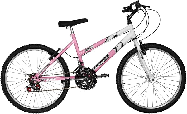 Bicicleta de Passeio Ultra Bikes Esporte Bicolor Aro 24 Reforçada Freio V-Brake 18 Marchas Feminina Rosa Bebê/Branco